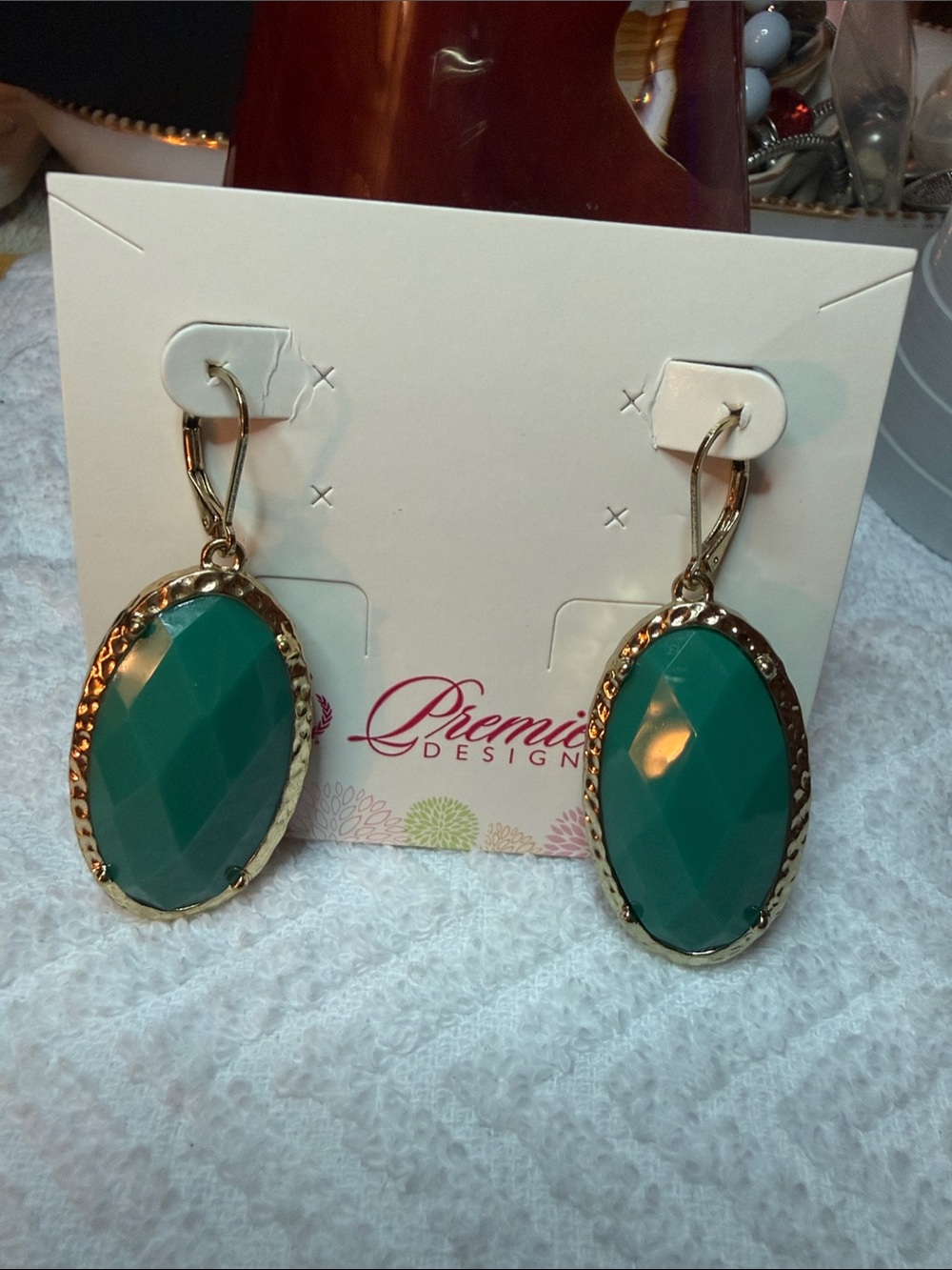 Premier Designs Teal/Blue Oval Faceted Drop Earrings with Gold-Tone Frame